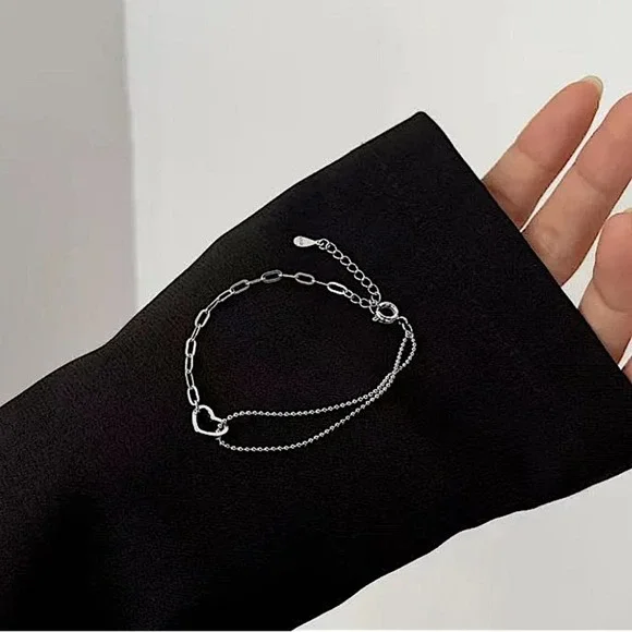 Sterling Silver Minimalist Heart Bracelet, Irregular, Geometric, Dainty,… - Picture 4 of 7